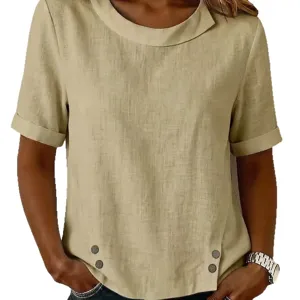 Women casual linen short sleeve blouse with asymmetrical button hem round neck summer top