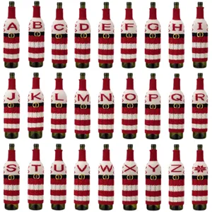 Christmas knitted letter wine bottle cover, red white striped red wine cover for holiday decor.