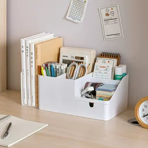 Scatola Portaoggetti da Scrivania con Fermalibri Retrattile in Plastica Multifunzionale Organizer per Scrivania da Ufficio Studente Portacancelleria