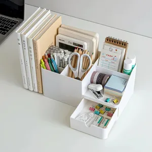 Organizer da scrivania in plastica con cassetto e scomparti per cancelleria e forniture.