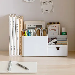 Organizer da scrivania con fermalibri estensibile, portapenne e cassetto per ufficio.