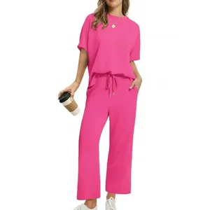Summer casual solid color short sleeve top and wide leg pants lounge set for women