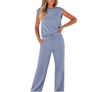 Solid color sleeveless top and high waist wide leg pants casual two piece set for women.
