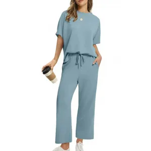 Women casual two piece set short sleeve top and loose trousers solid color summer outfit