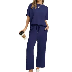 Summer casual two piece set short sleeve top and wide leg pants for women solid color