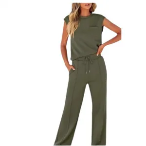 Women solid color casual two piece set sleeveless top high waist wide leg pants summer outfit