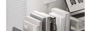 Transparent acrylic desktop bookend storage rack, clean office study desk organizer detail view