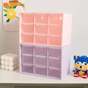 Nine-grid desktop storage box with transparent drawers, plastic stackable organizer for desk.