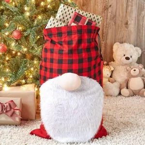 Christmas gnome gift bag with red black buffalo plaid and large white plush beard for holidays.