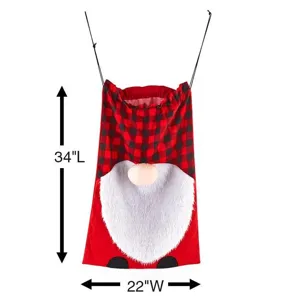 Christmas gnome red and black plaid hanging storage bag large holiday gift decoration detail view