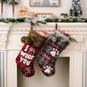 Christmas Stocking Pet Paw Print Plaid Stockings With Faux Fur Cuff Holiday Hanging Gift Bag Home Fireplace Decor