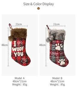 Detailed view of red and black plaid Christmas pet stockings with plush collar and 48x21cm size.