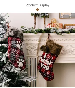 Christmas plaid pet stocking with paw prints and letters, perfect holiday decorative gift bag for home.