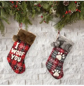 Christmas pet stockings set with faux fur cuff and plaid pattern for holiday home decor.