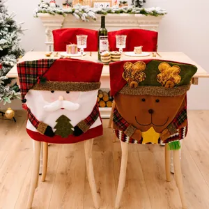 Christmas chair covers set, Santa Claus and reindeer holiday dining room decor slipcovers.