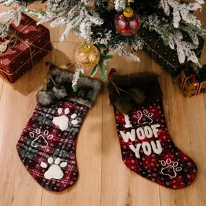 Christmas stockings plaid pet paw print holiday gift bags hanging fireplace decor red black