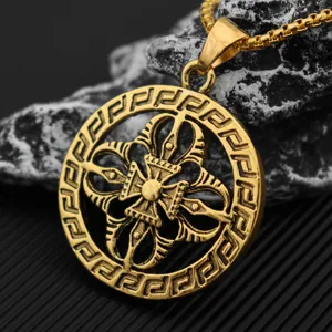 Gold-tone retro vintage style metal pendant necklace with geometric border and detailed motif.