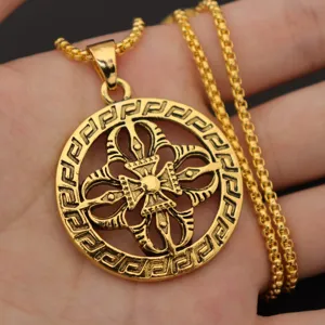 Gold retro totem alloy pendant necklace detail shot, vintage geometric pattern jewelry close up accessory