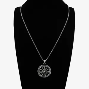 Men's vintage silver-tone metal pendant necklace with classic greek key pattern design.