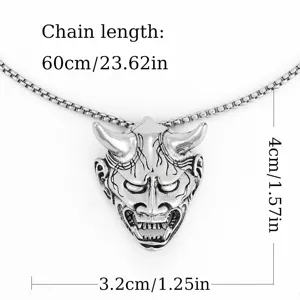 Retro hannya mask alloy pendant necklace with box chain, vintage silver tone gothic jewelry design.