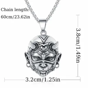 Retro Japanese Hannya mask alloy pendant necklace for men, punk style trendy jewelry piece.