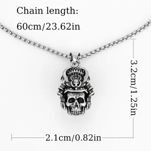 Retro skull hannya mask pendant necklace detail view showing chain length and dimensions.