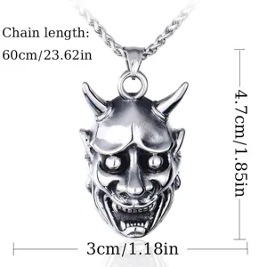 Vintage Hannya Mask Pendant Necklace For Men Punk Gothic Alloy Jewelry 60cm Chain