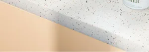 Detail view of modern desktop storage box featuring terrazzo top and smooth panel finish.
