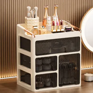 Large capacity desktop cosmetic storage box with transparent drawers and makeup organizer stand.