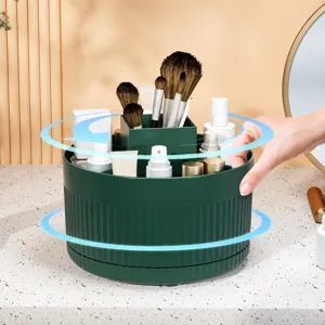 Desktop rotating makeup organizer storage box for cosmetics, brushes and stationery items.