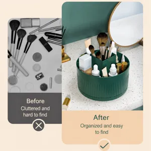 Desktop rotating makeup organizer with multiple compartments for cosmetics and brushes storage.