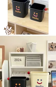 Mini desktop trash can cute storage bucket with press ring for dorm office desk organization.
