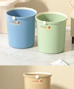 Household plastic trash can with cute bear pattern, large capacity waste basket for room.