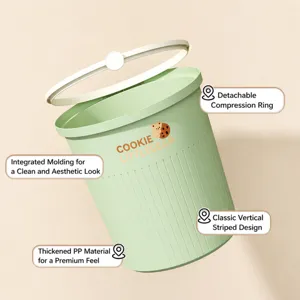 Poubelle verte crème avec couvercle et cercle, corbeille en plastique pour la maison.