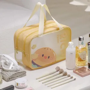 Bolsa de maquillaje amarilla de doble capa impermeable portátil con lindo diseño para viajes.