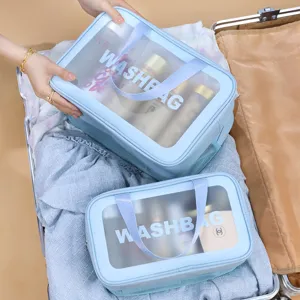 Clear waterproof travel wash bag set, large capacity portable toiletry organizer for women.