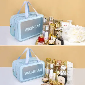 Large capacity waterproof travel wash bag cosmetic organizer with clear windows.