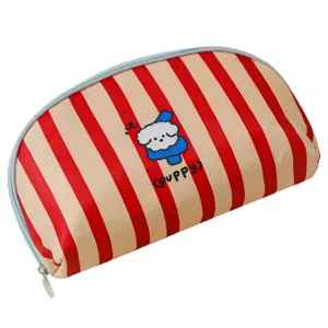 Cute striped cosmetic bag with puppy graphic, waterproof portable travel storage organizer for daily.