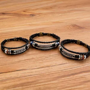 Pulsera de Cuero Trenzado Retro para Hombres Mujeres Placa de Aleación Inspiradora Multicapa Ajustable Joyería de Moda Regalo