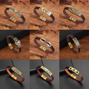 Bracciale da Uomo in Pelle PU Vintage Ciondolo Teschio Croce in Lega di Bronzo Antico Fibbia Magnetica Bangle Punk Gioielli alla Moda Regalo