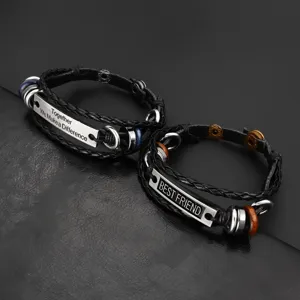 Set de pulsera de cuero trenzado retro para hombres y mujeres, joyería de pulsera punk multicapa.