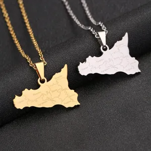 Collar con colgante de mapa de Sicilia de acero inoxidable joyería de moda para hombre y mujer