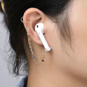 Detail view of the wireless earphone anti-loss ear cuff and double chain with colorful beads.