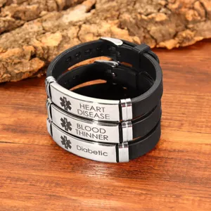 Pulsera de alerta médica de silicona y acero inoxidable con placa grabada para la seguridad.