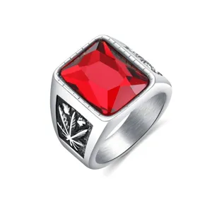 Anillo de hombre de rubi cuadrado vintage hip hop color plata con relieve de hoja joyas