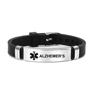 Pulsera de alerta médica de acero inoxidable con correa de silicona negra para la seguridad.