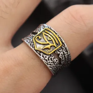 Close-up detail of retro alloy ring featuring gold Eye of Horus on distressed band.