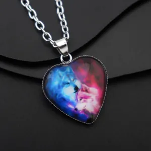 Wolf totem heart crystal pendant necklace for men stylish silver chain fashion jewelry details