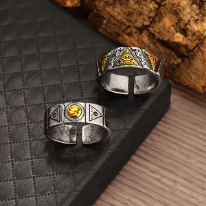 Retro Eye of Horus alloy open ring, vintage hip-hop punk men's finger jewelry fashion.