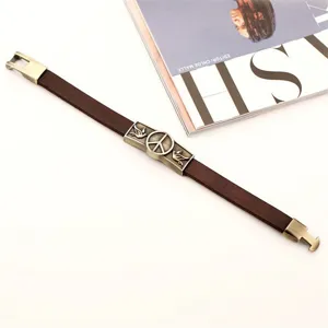 Pulsera de cuero marrón vintage para hombre con hebilla de metal símbolo de paz joyería